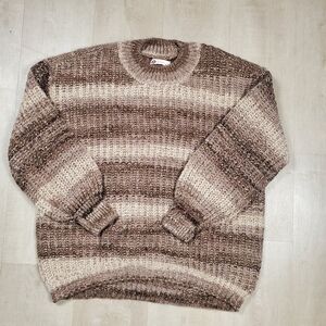SO Chunky Knit Pullover Sweater Womans Medium Stripe Browns Tans Puffed Sleeve